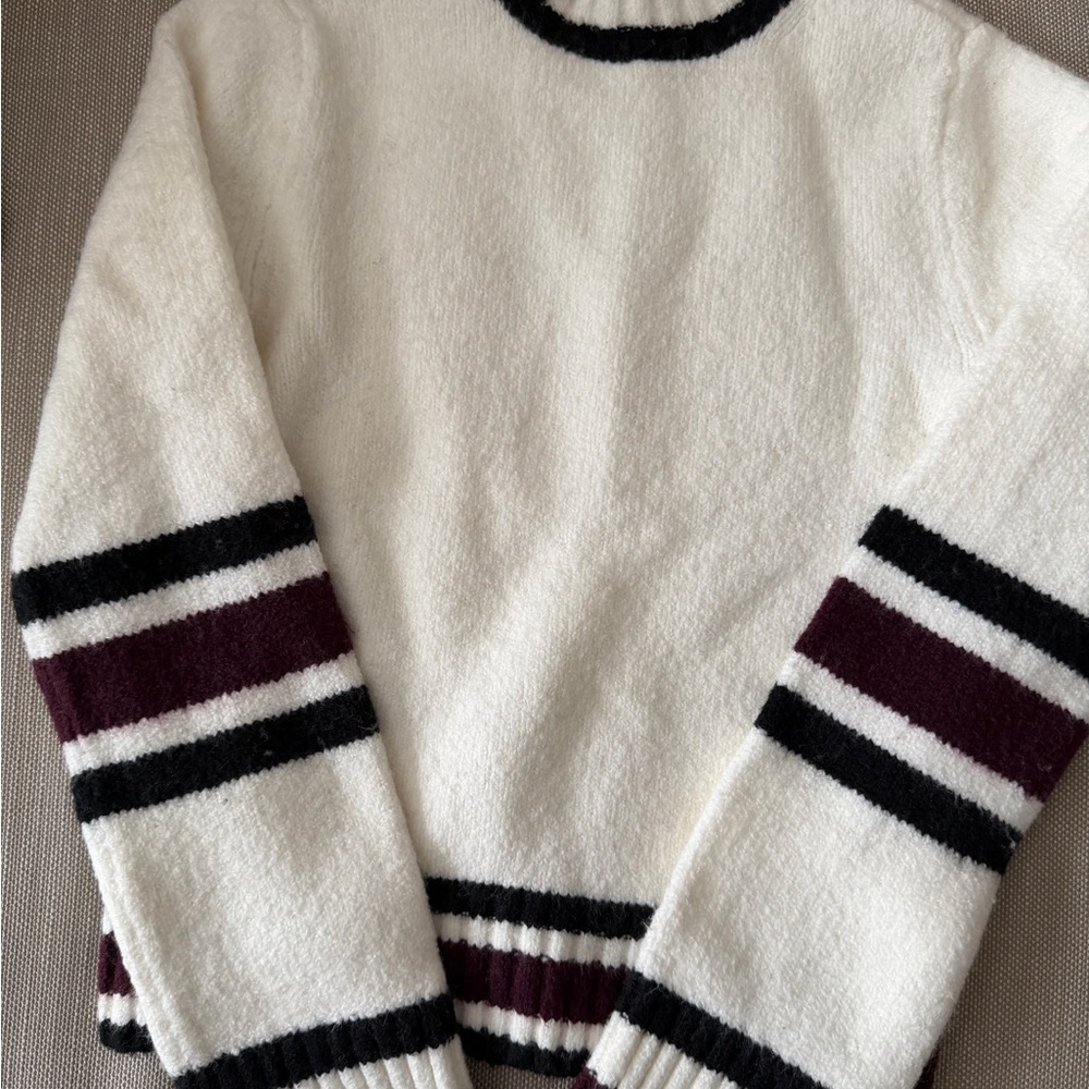 Madewell White Sweater with Black and Burgundy Stripes